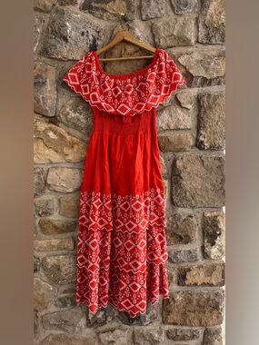 Coral red boho embroidered midi maxi dress medium 100% cotton